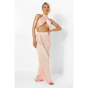 NWT Sz.2 Top & Sz.4 Pants BooHoo Satin Wide-Leg Resortwear Champagne Beach